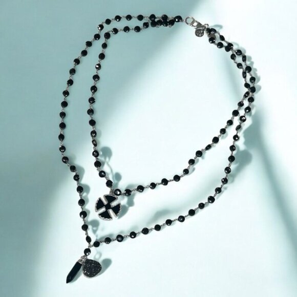 Whimsigoth Sterling Silver  Obsidian Bead Double Chain With Pendants Necklace - Picture 2 of 11